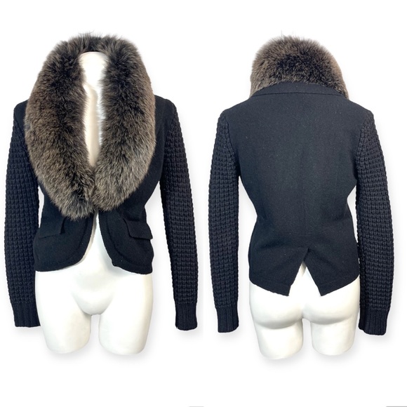 Magaschoni Genuine Fox Fur Collar Wool Alpaca Cashmere Blazer Cardigan Jacket XS - Picture 3 of 16
